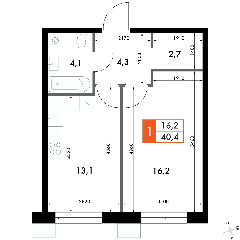 1-комнатная 40 м2 в ЖК Флагман корпус null этаж 5