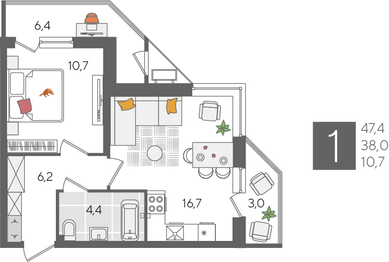 1-комнатная 47 м2 в ЖК Рекорд 2 корпус null этаж 2