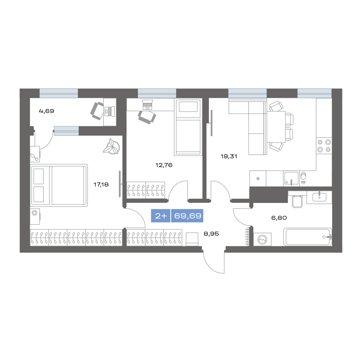 2-комнатная 69 м2 в ЖК Пятнашка корпус null этаж 3