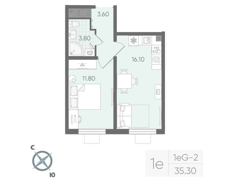 1-комнатная 35 м2 в ЖК Ручьи (2 оч.) корпус null этаж 13