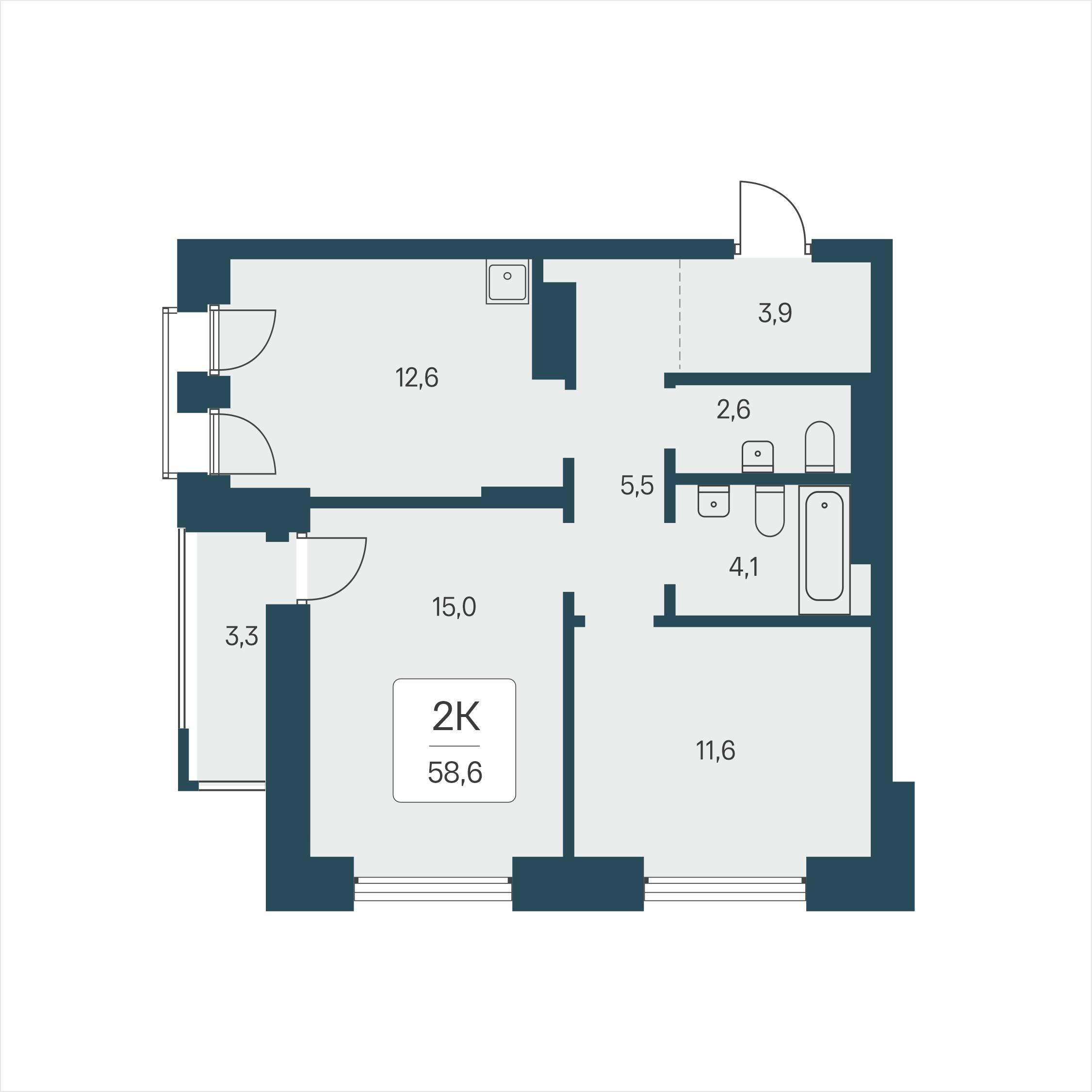 2-комнатная 58 м2 в ЖК Расцветай на Кропоткина корпус null этаж 11
