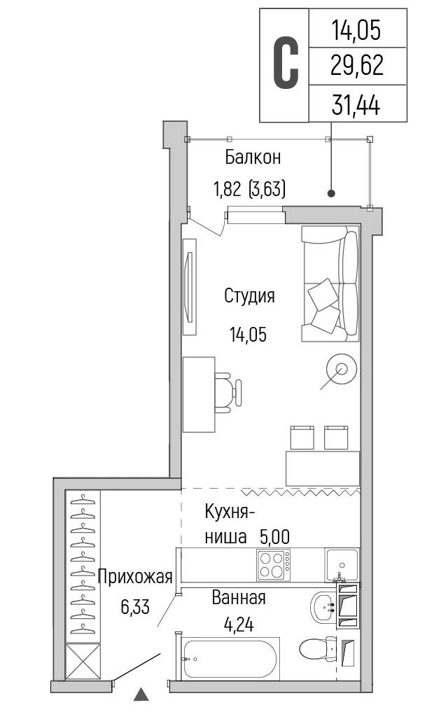 Студия 31 м2 в ЖК Riga Hills корпус null этаж 7