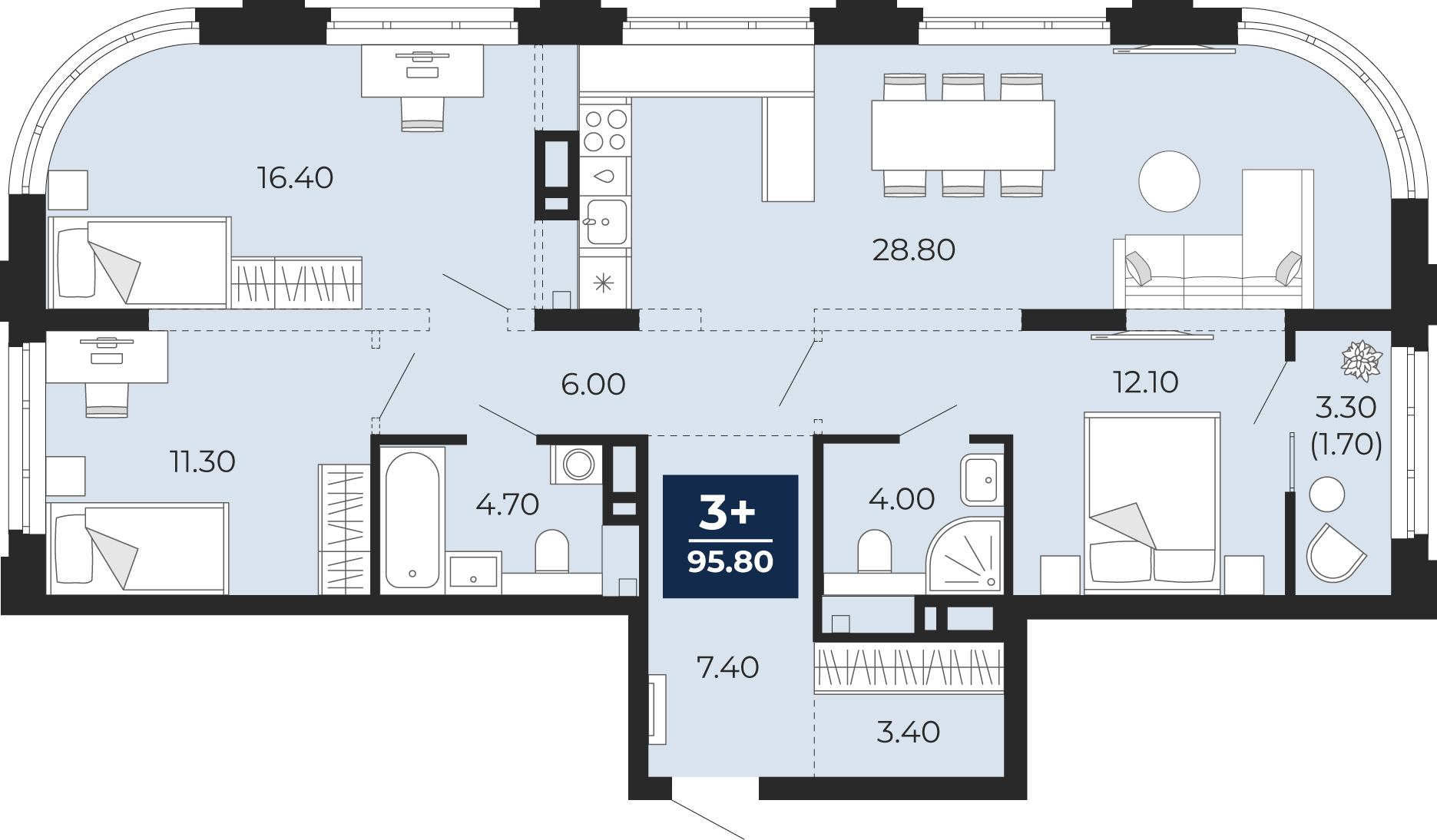 3-комнатная 94 м2 в ЖК Айвазовский корпус null этаж 9