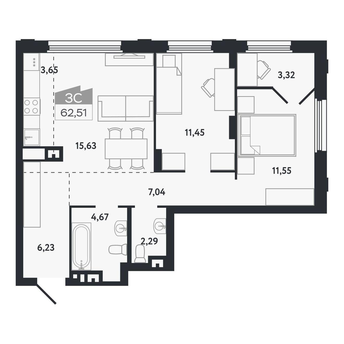 3-комнатная 62 м2 в ЖК Квартал 1604 корпус null этаж 3