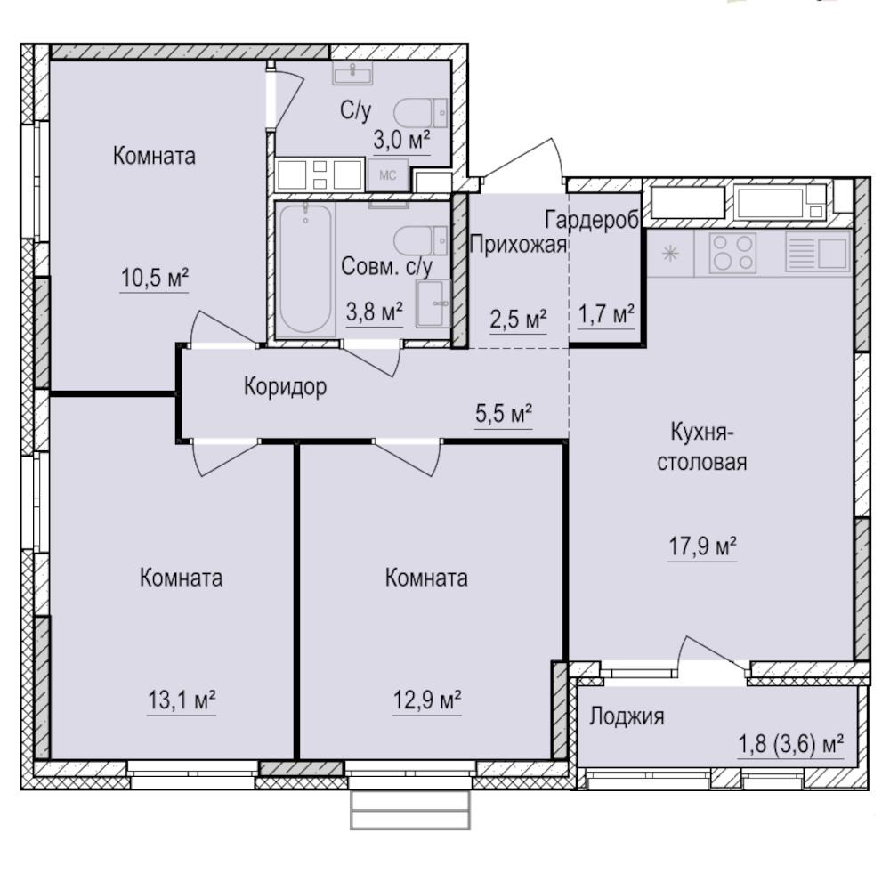 3-комнатная 72 м2 в ЖК Механикон корпус null этаж 9