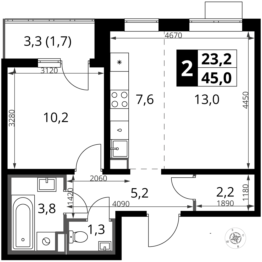 2-комнатная 45 м2 в ЖК 1-й Южный корпус null этаж 6