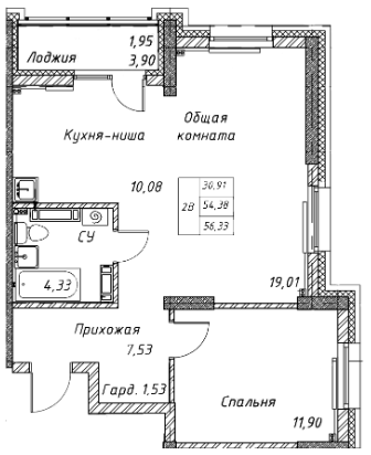 2-комнатная 54.5 м2 в ЖК undefined корпус null этаж 10