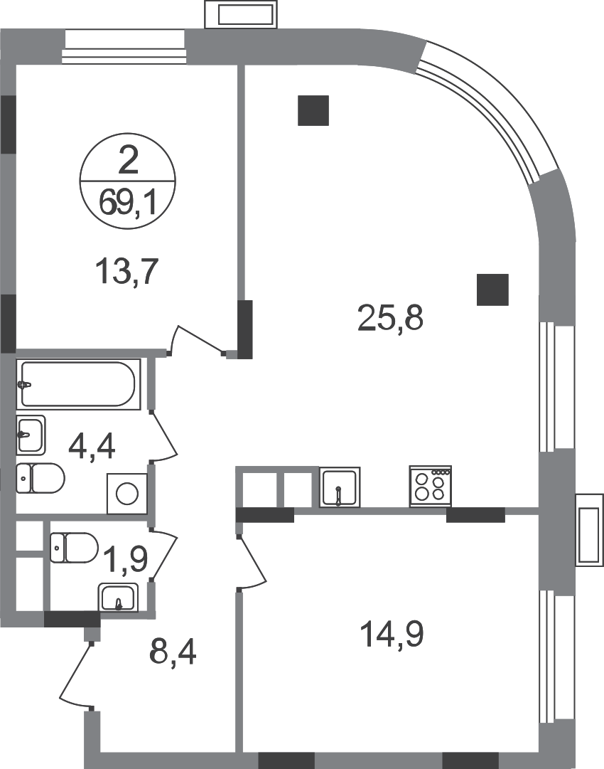 2-комнатная 69 м2 в ЖК Резиденции Сколково корпус null этаж 6