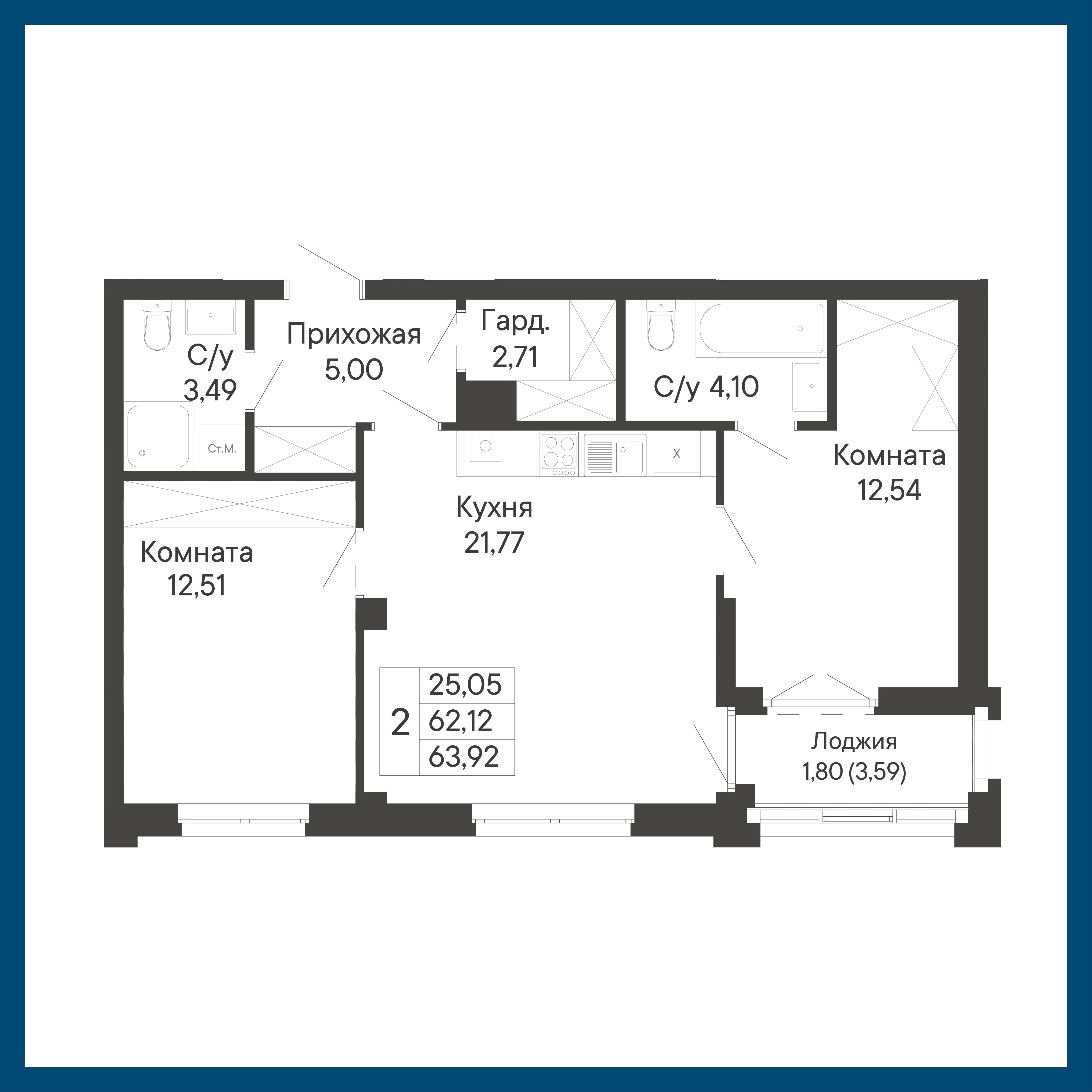 2-комнатная 63 м2 в ЖК Курортный квартал «Ривьера» корпус null этаж 3
