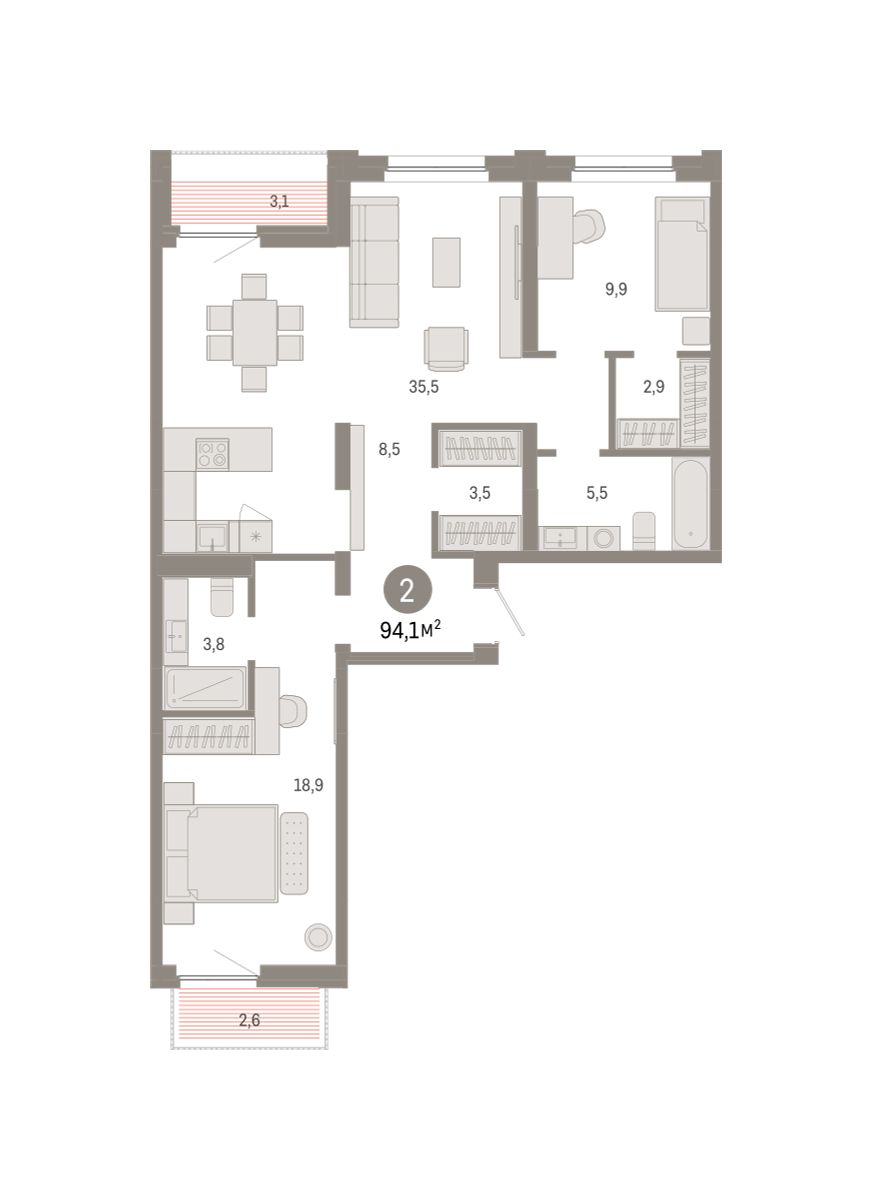 2-комнатная 94 м2 в ЖК Зарека корпус null этаж 9