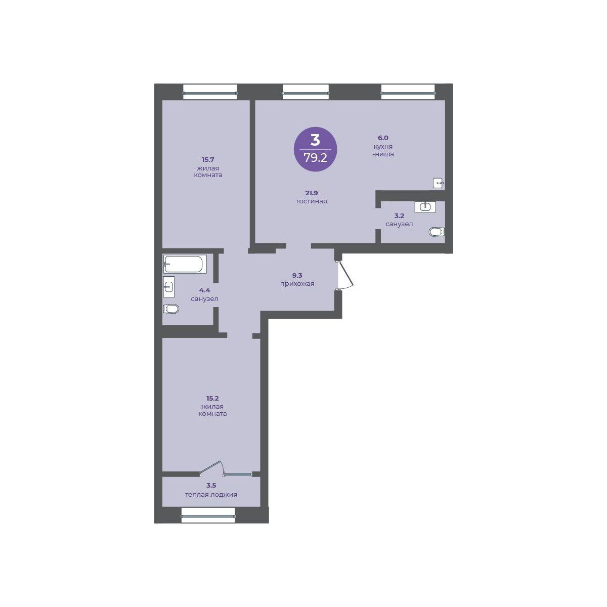 3-комнатная 79 м2 в ЖК Перемены корпус null этаж 6