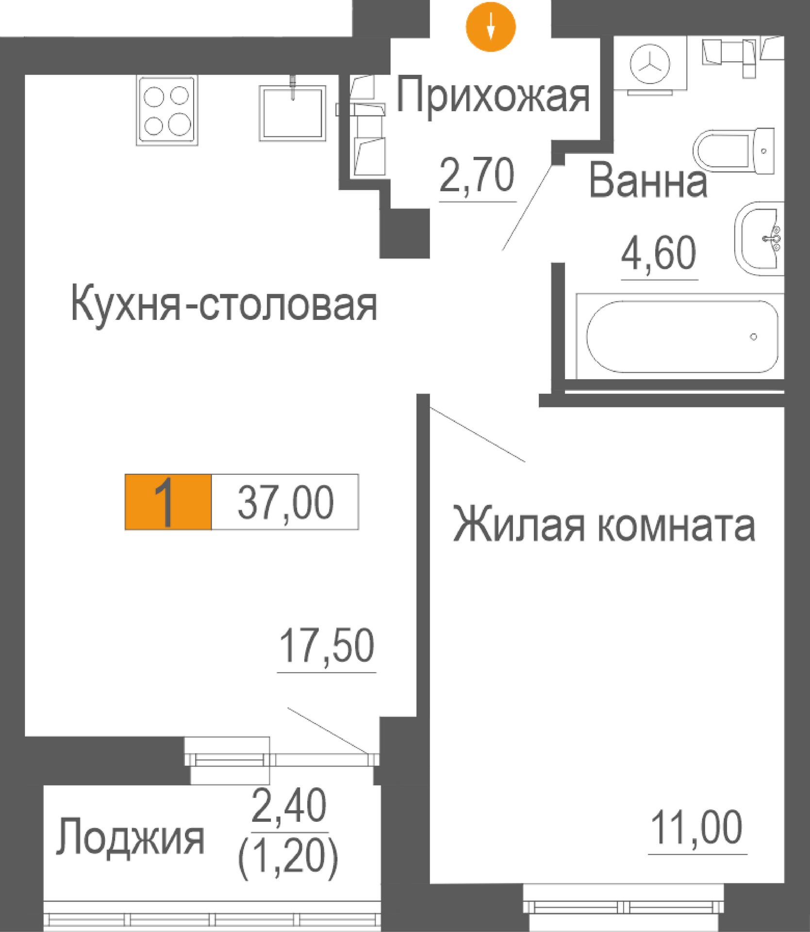 1-комнатная 37 м2 в ЖК Фристайл корпус null этаж 5