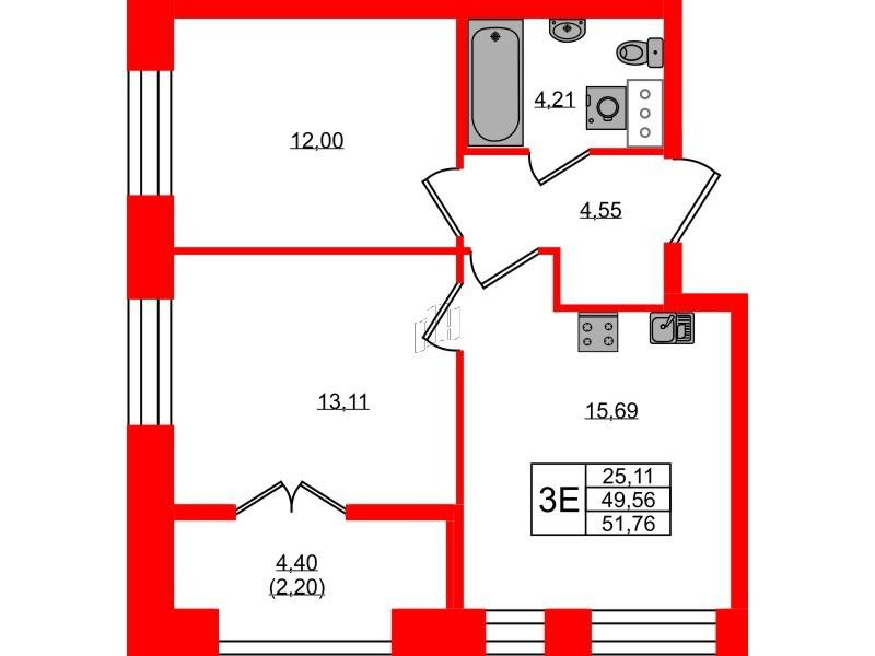 2-комнатная 51 м2 в ЖК NEWПИТЕР корпус null этаж 3