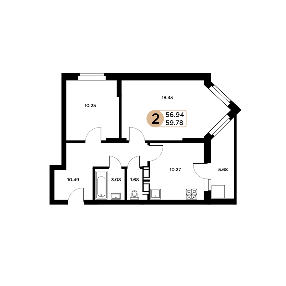 2-комнатная 58 м2 в ЖК Московский корпус null этаж 7