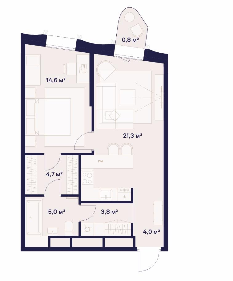 1-комнатная 54 м2 в ЖК Союз корпус null этаж 20