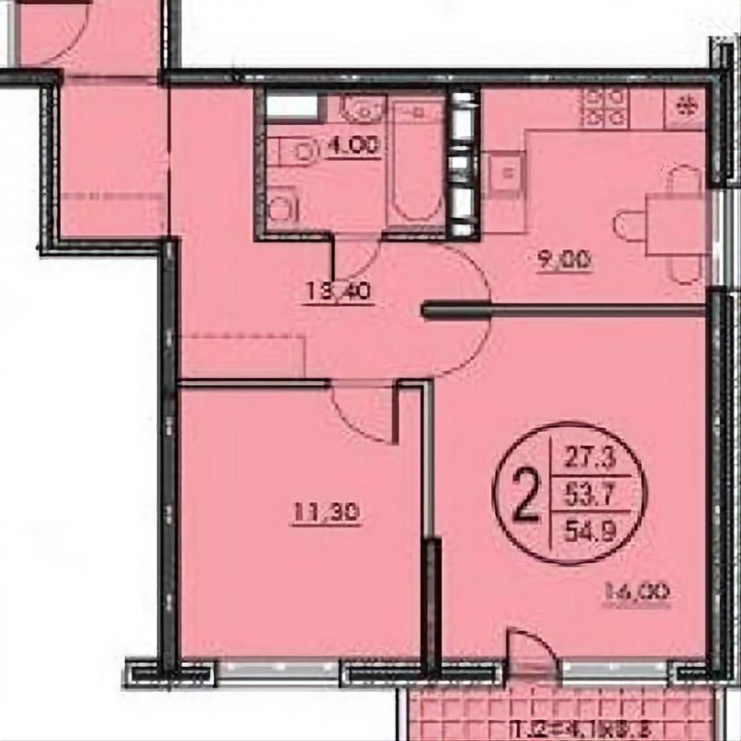 2-комнатная 54.6 м2 в ЖК undefined корпус null этаж 11