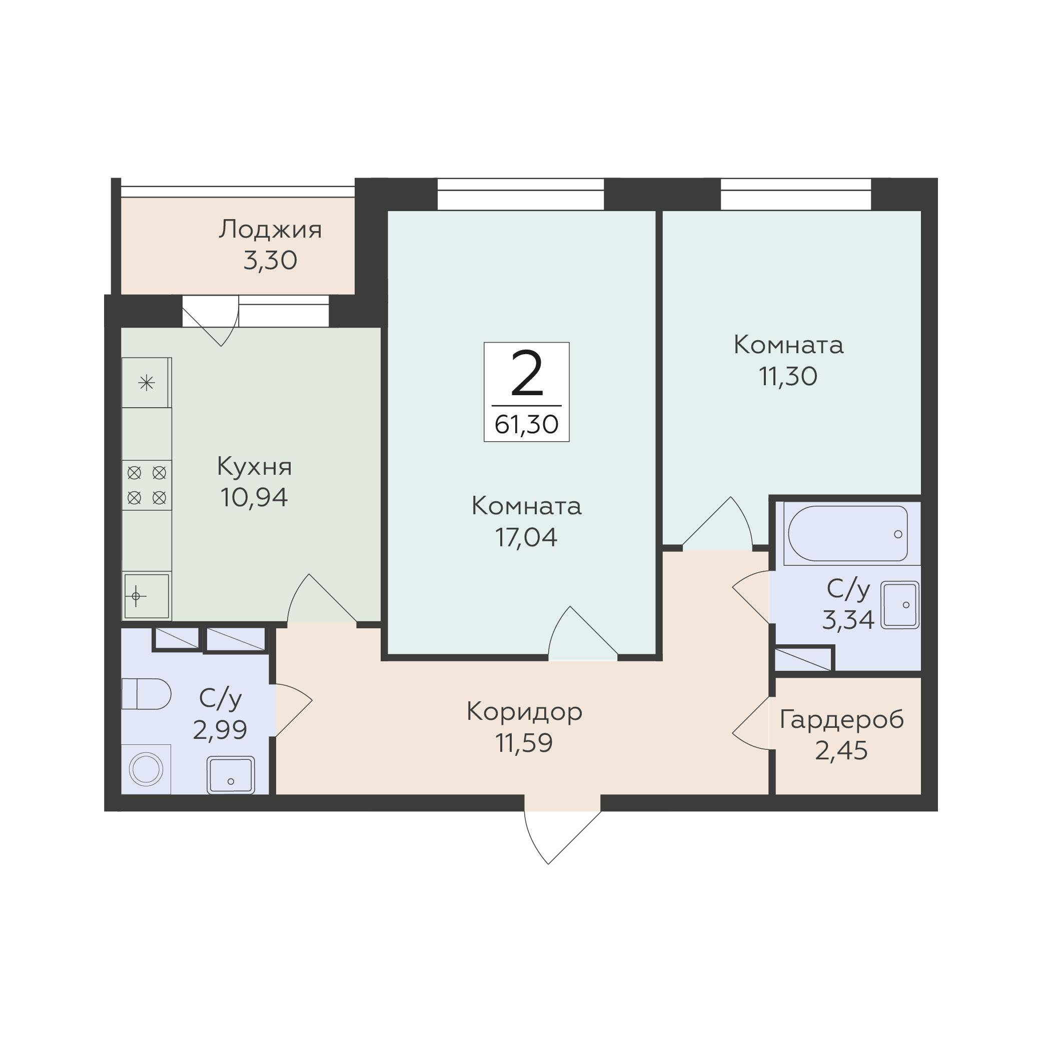 2-комнатная 61 м2 в ЖК Романовский корпус null этаж 10