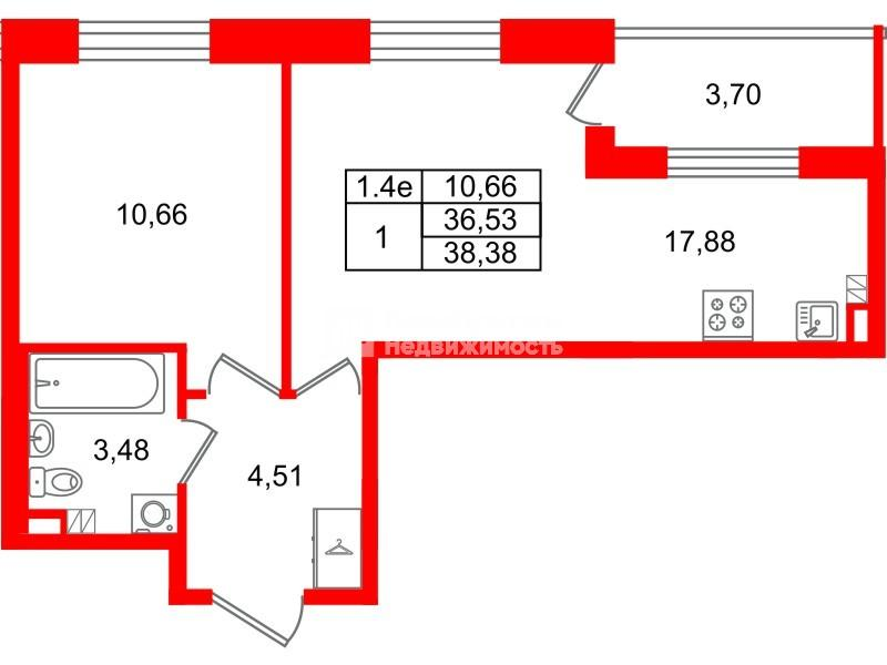 1-комнатная 36 м2 в ЖК Парадный ансамбль корпус null этаж 4