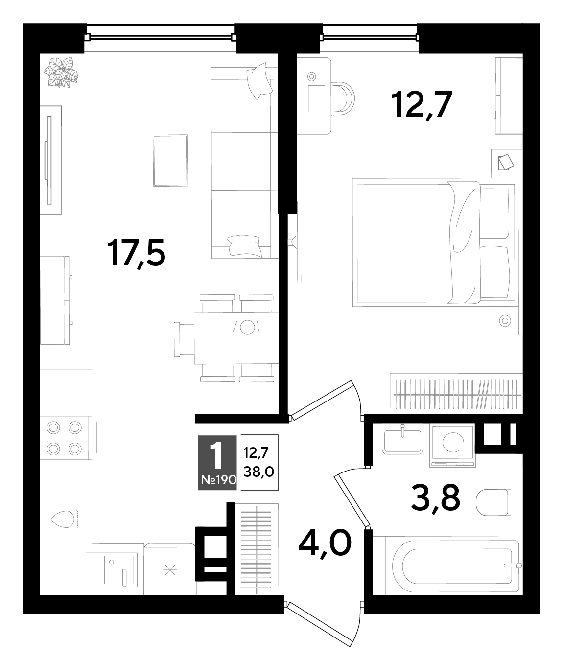 1-комнатная 38 м2 в ЖК Dogma Park корпус null этаж 8