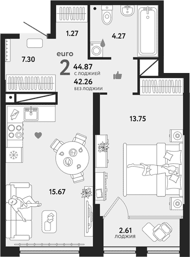 2-комнатная 44.9 м2 в ЖК undefined корпус null этаж 13