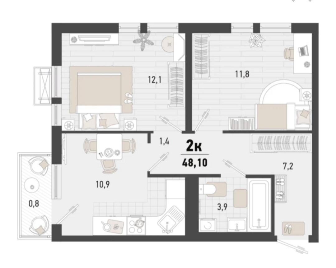 2-комнатная 48.1 м2 в ЖК undefined корпус null этаж 10