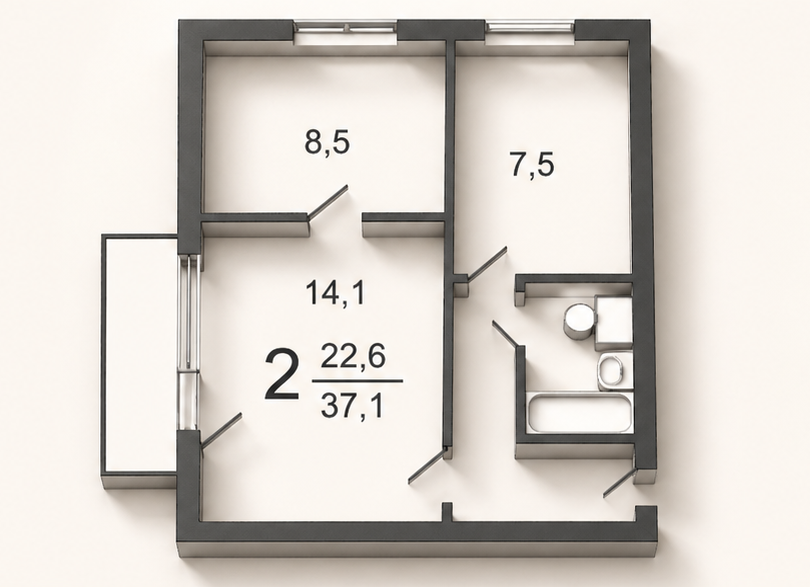 2-комнатная 37 м2 в ЖК undefined корпус null этаж 2