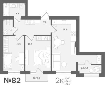 2-комнатная 56 м2 в ЖК МС18 корпус null этаж 7