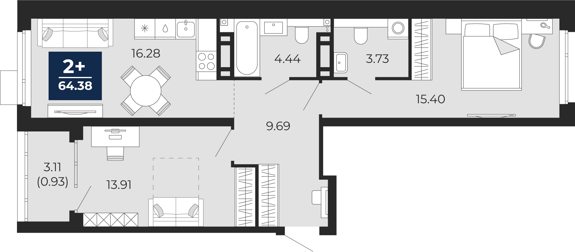 2-комнатная 63 м2 в ЖК Прео корпус null этаж 5