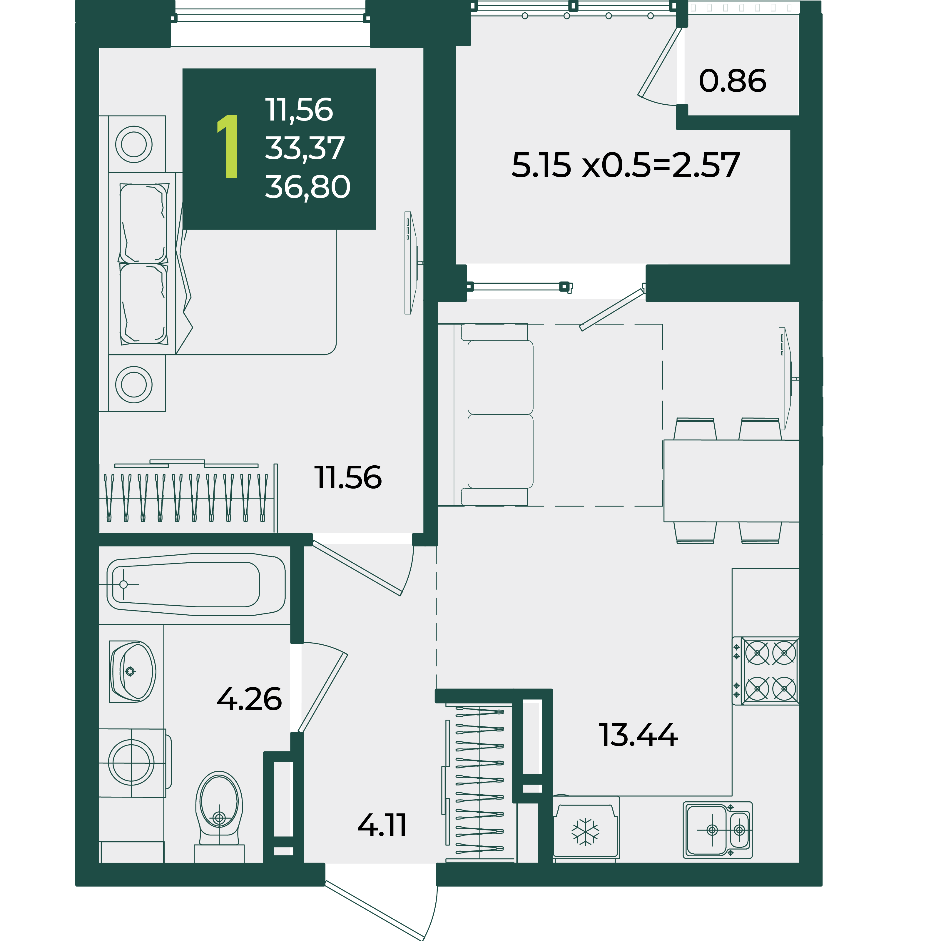 1-комнатная 36 м2 в ЖК Образцово корпус null этаж 10