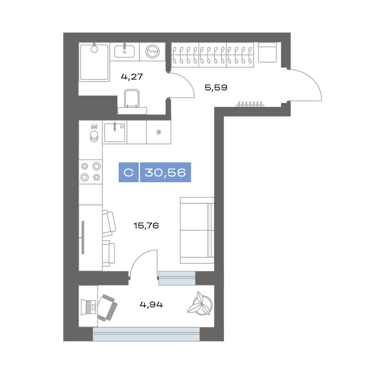 1-комнатная 30 м2 в ЖК Пятнашка корпус null этаж 1
