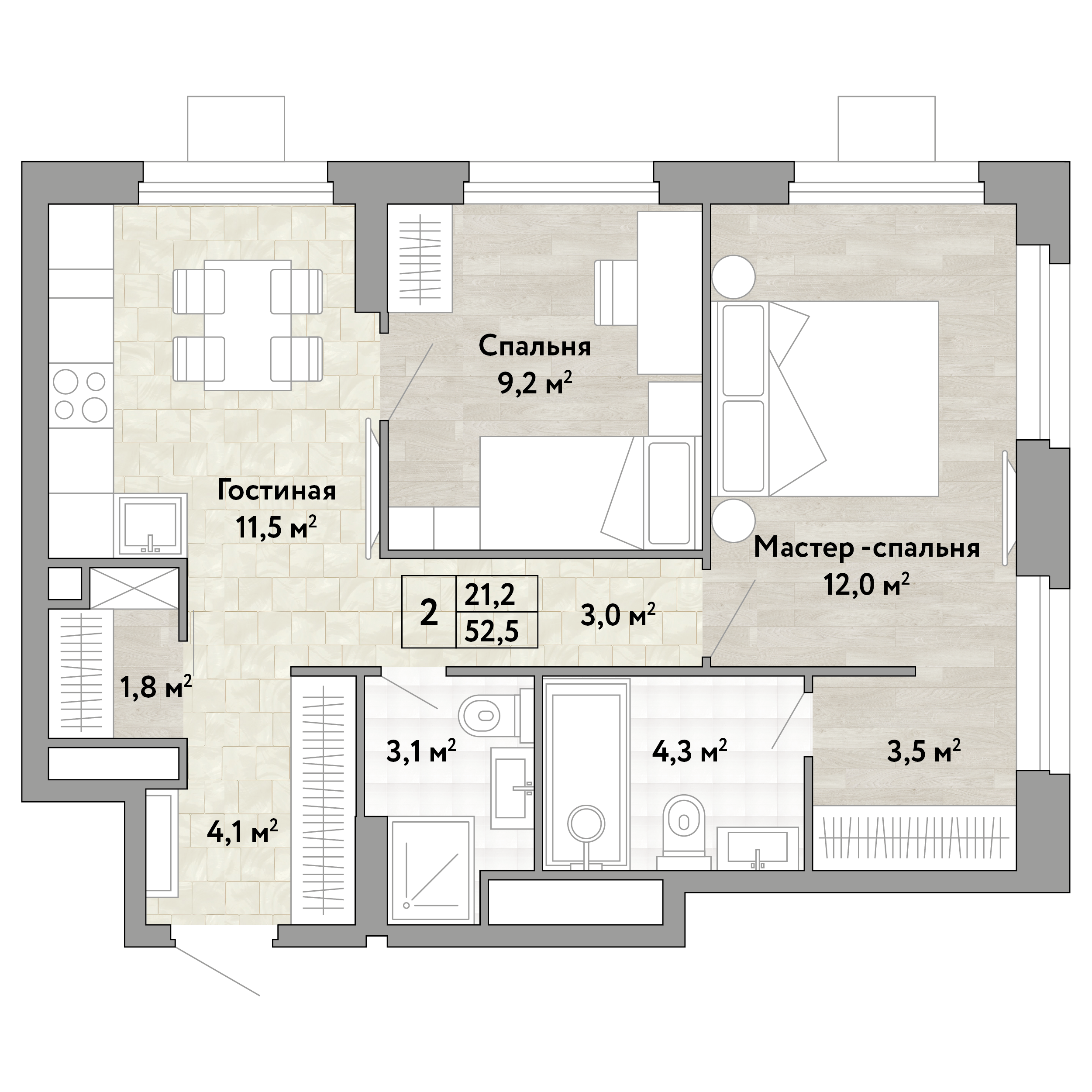 2-комнатная 52 м2 в ЖК Новые Смыслы корпус null этаж 15