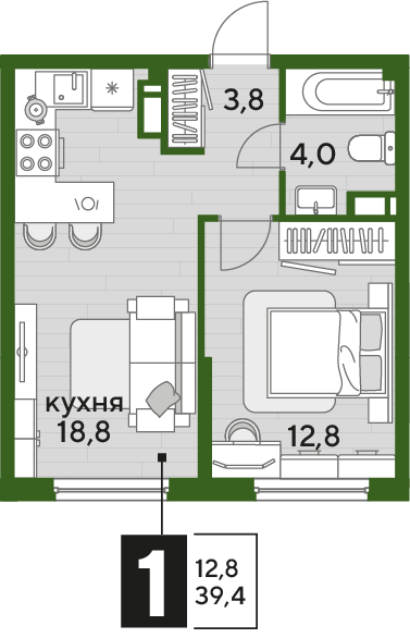 1-комнатная 39 м2 в ЖК Dogma Park корпус null этаж 13