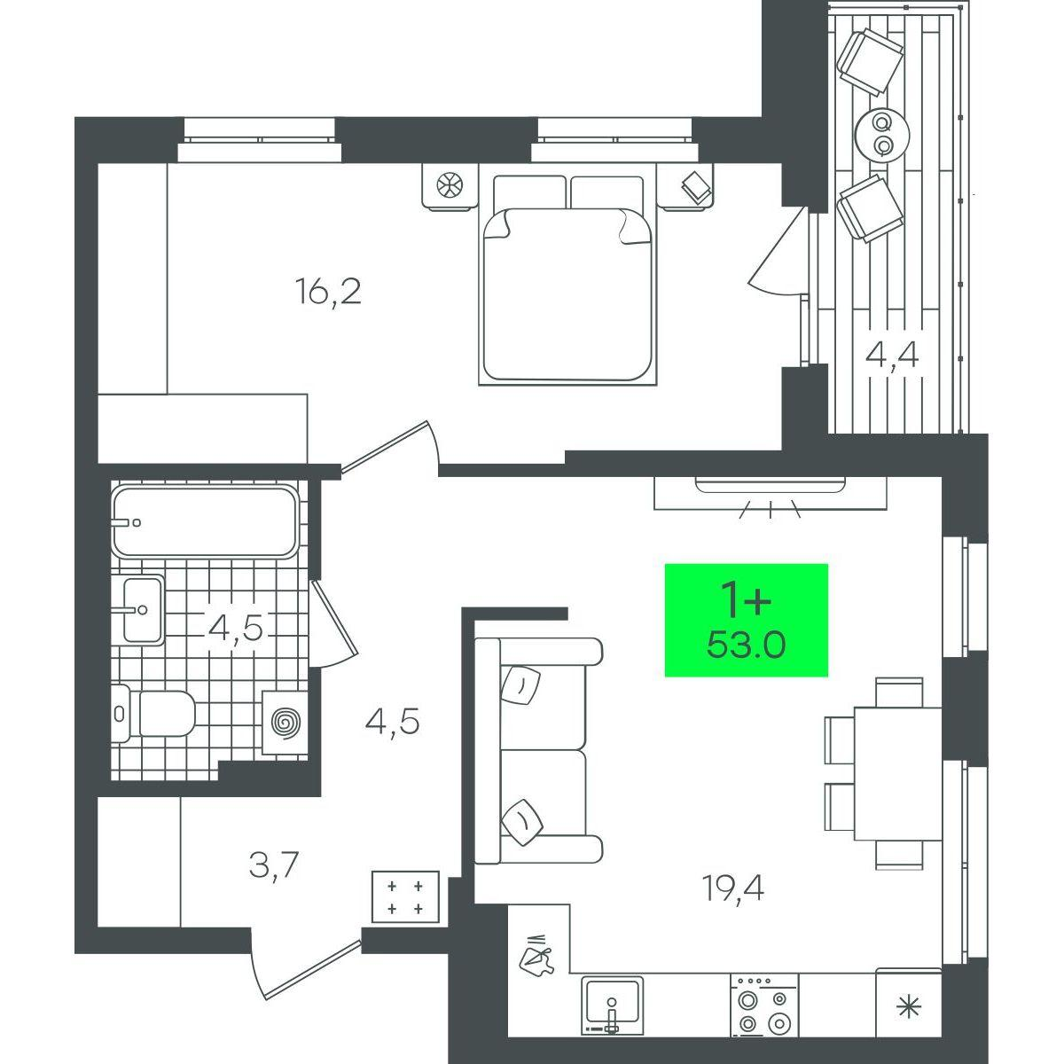 1-комнатная 53 м2 в ЖК Гранд Квартал корпус null этаж 7