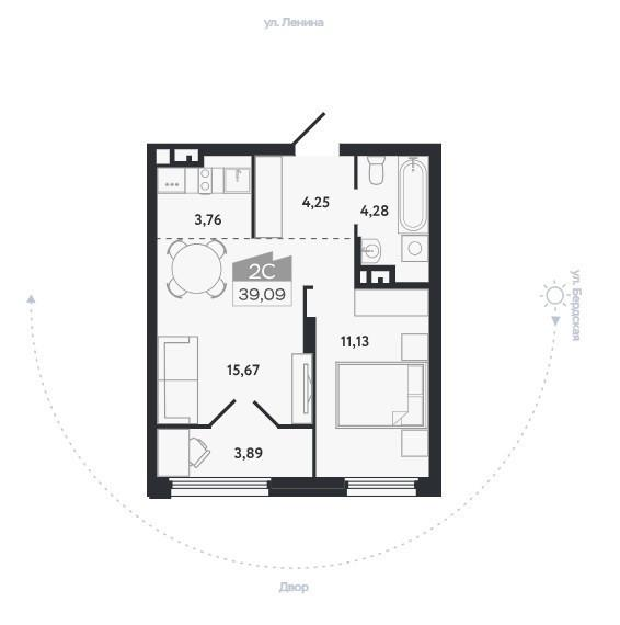 2-комнатная 39.1 м2 в ЖК undefined корпус null этаж 7