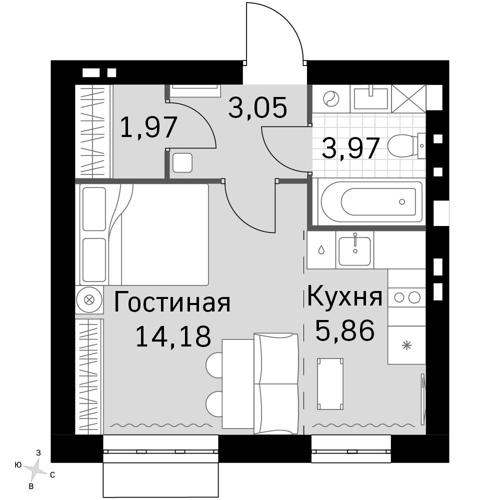1-комнатная 29 м2 в ЖК Жаворонки Клаб корпус null этаж 2