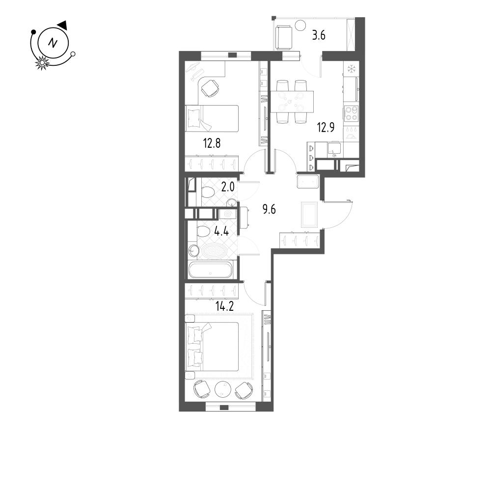 2-комнатная 57 м2 в ЖК Монография корпус null этаж 12
