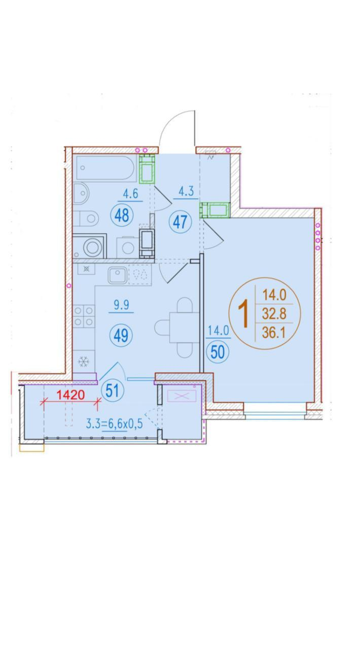 1-комнатная 36.6 м2 в ЖК undefined корпус null этаж 6