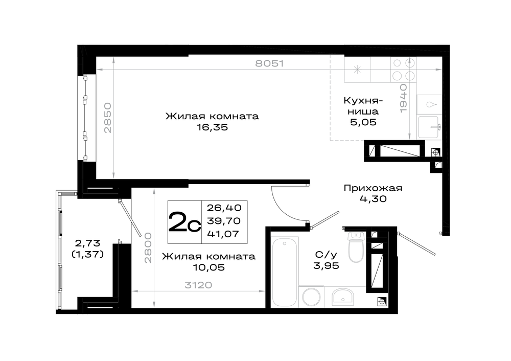 1-комнатная 41 м2 в ЖК Октябрь парк корпус null этаж 14
