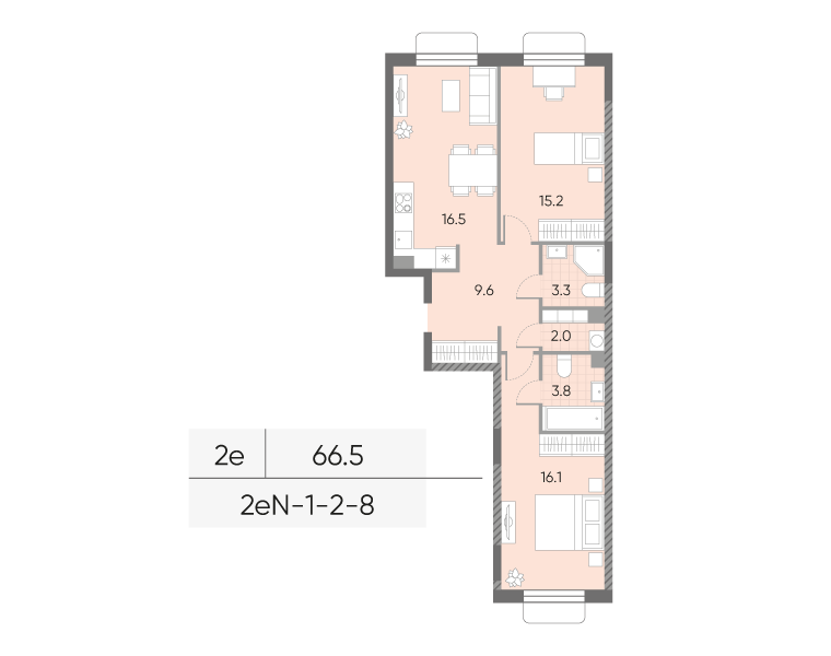 2-комнатная 66 м2 в ЖК Дмитровское небо корпус null этаж 2