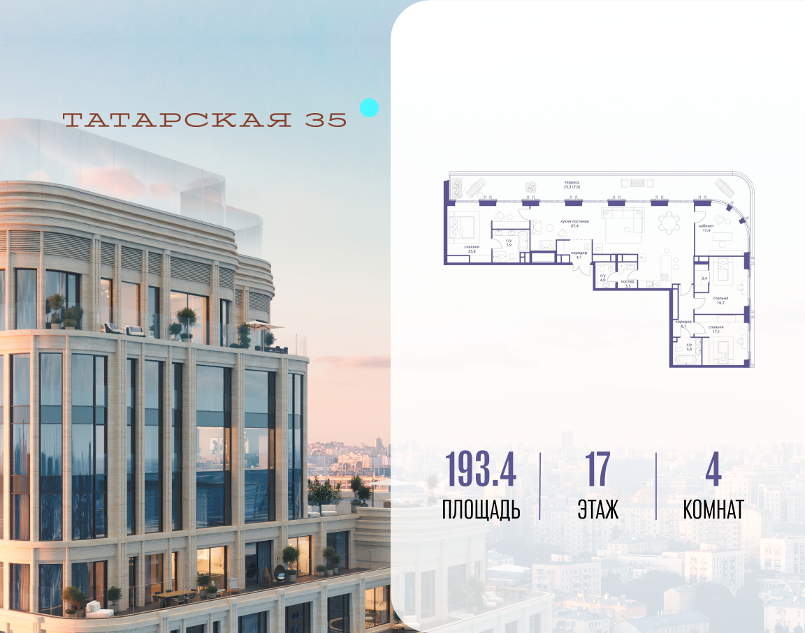 4-комнатная 193 м2 в ЖК Татарская 35 корпус null этаж 17