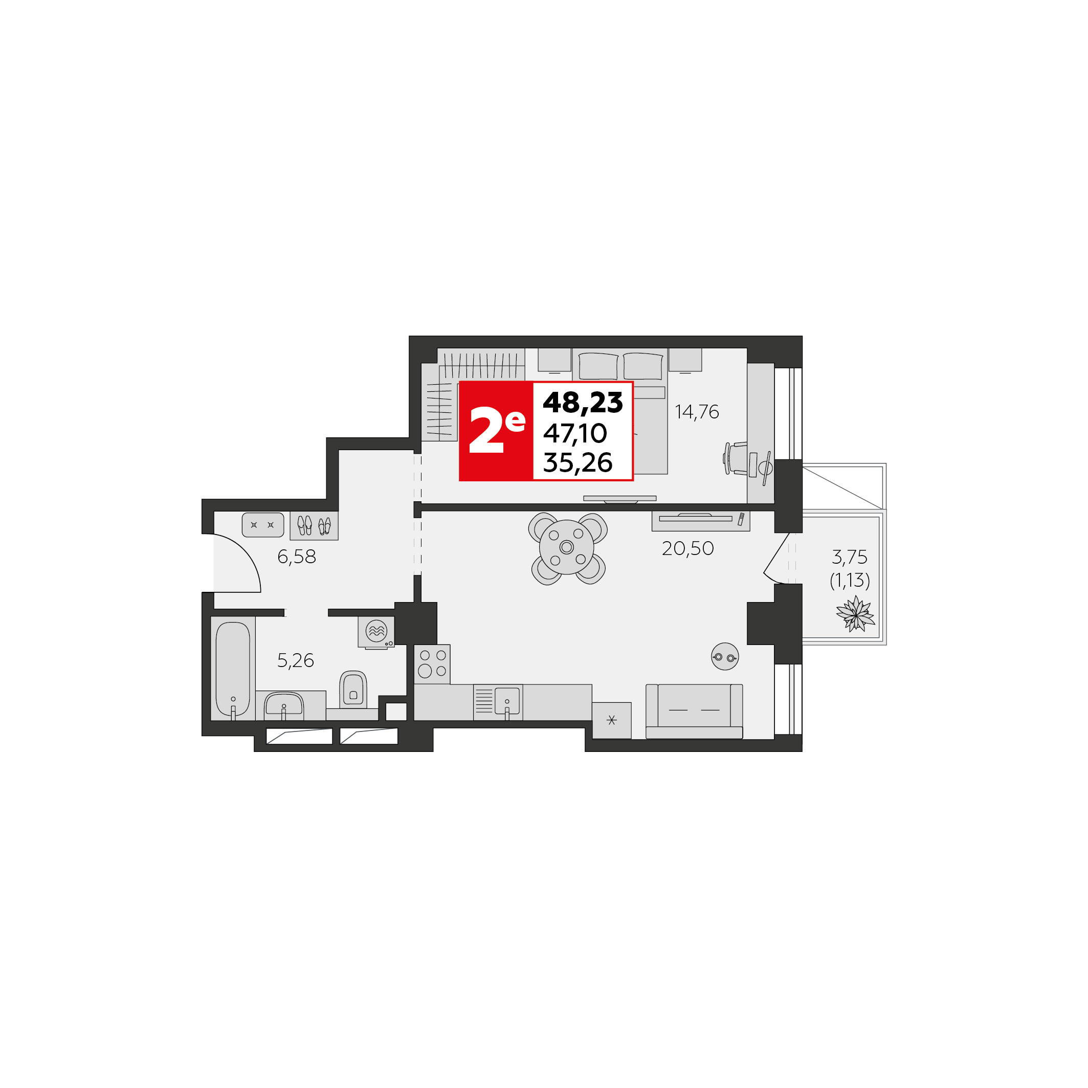 Студия 48 м2 в ЖК Высотка корпус null этаж 5