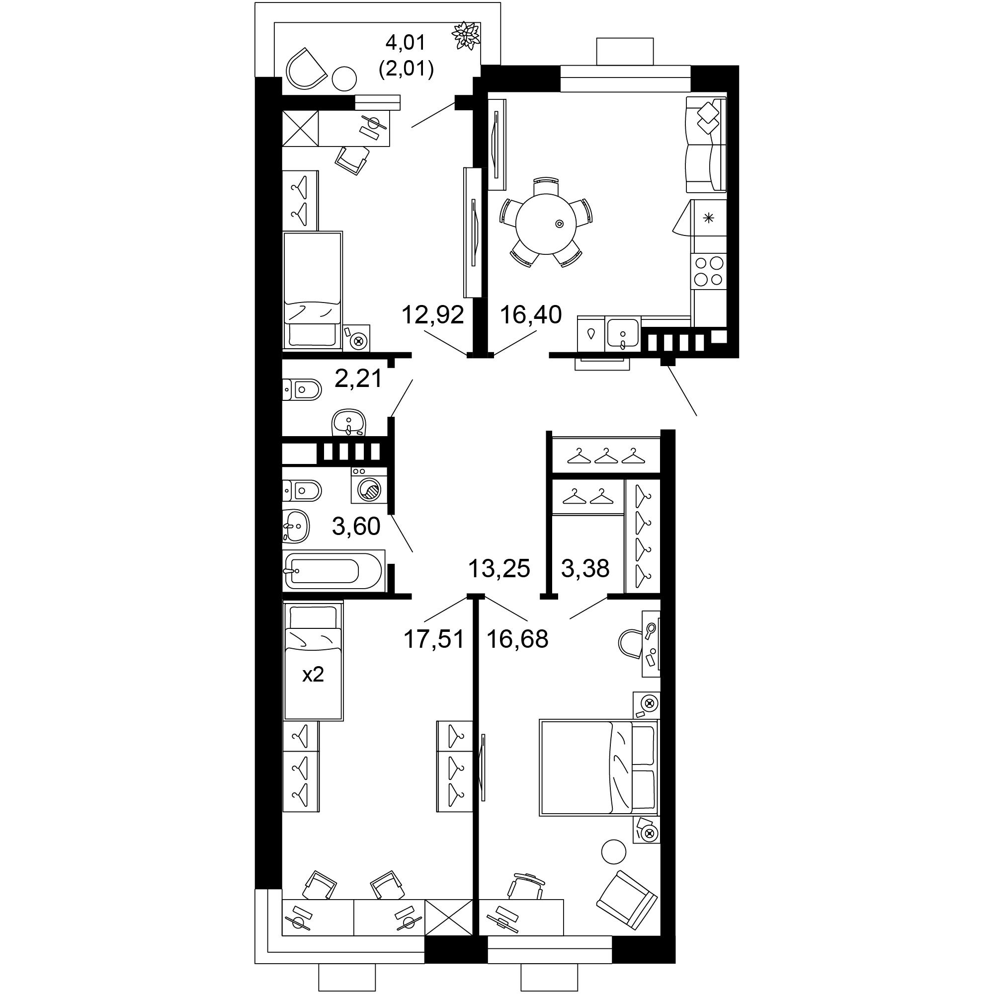 3-комнатная 87 м2 в ЖК 1799 корпус null этаж 2