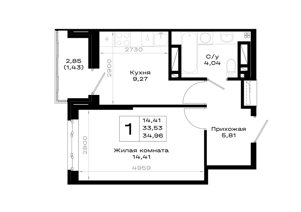 1-комнатная 34 м2 в ЖК Октябрь парк корпус null этаж 8