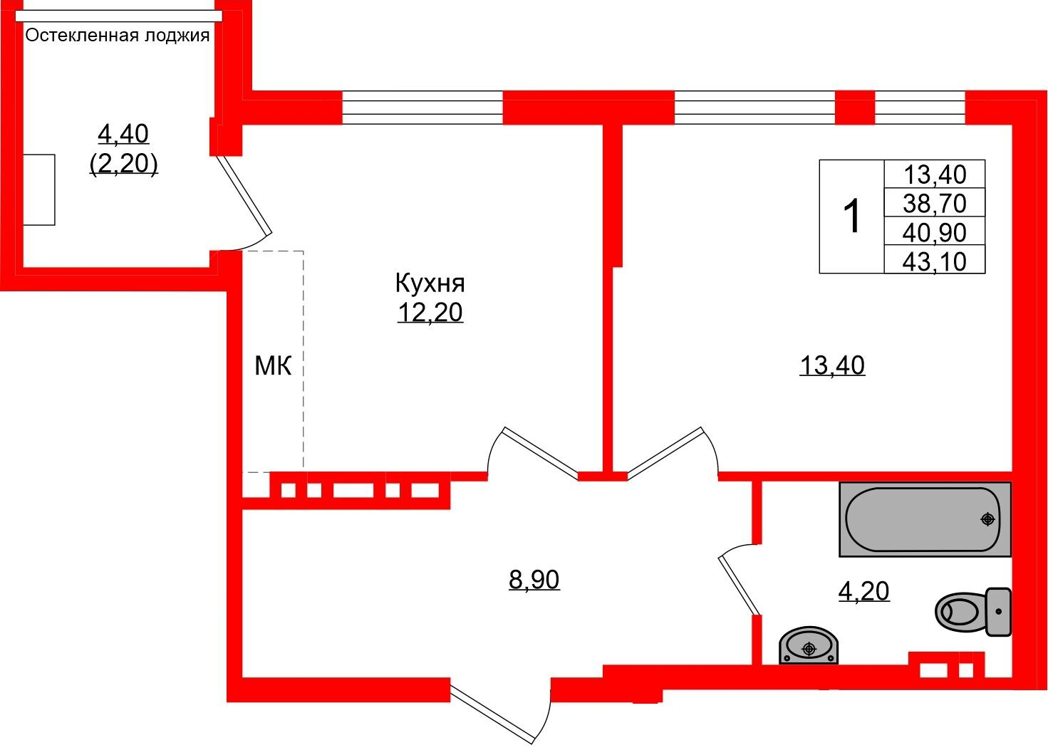 1-комнатная 40 м2 в ЖК Кроны и Волны корпус null этаж 2