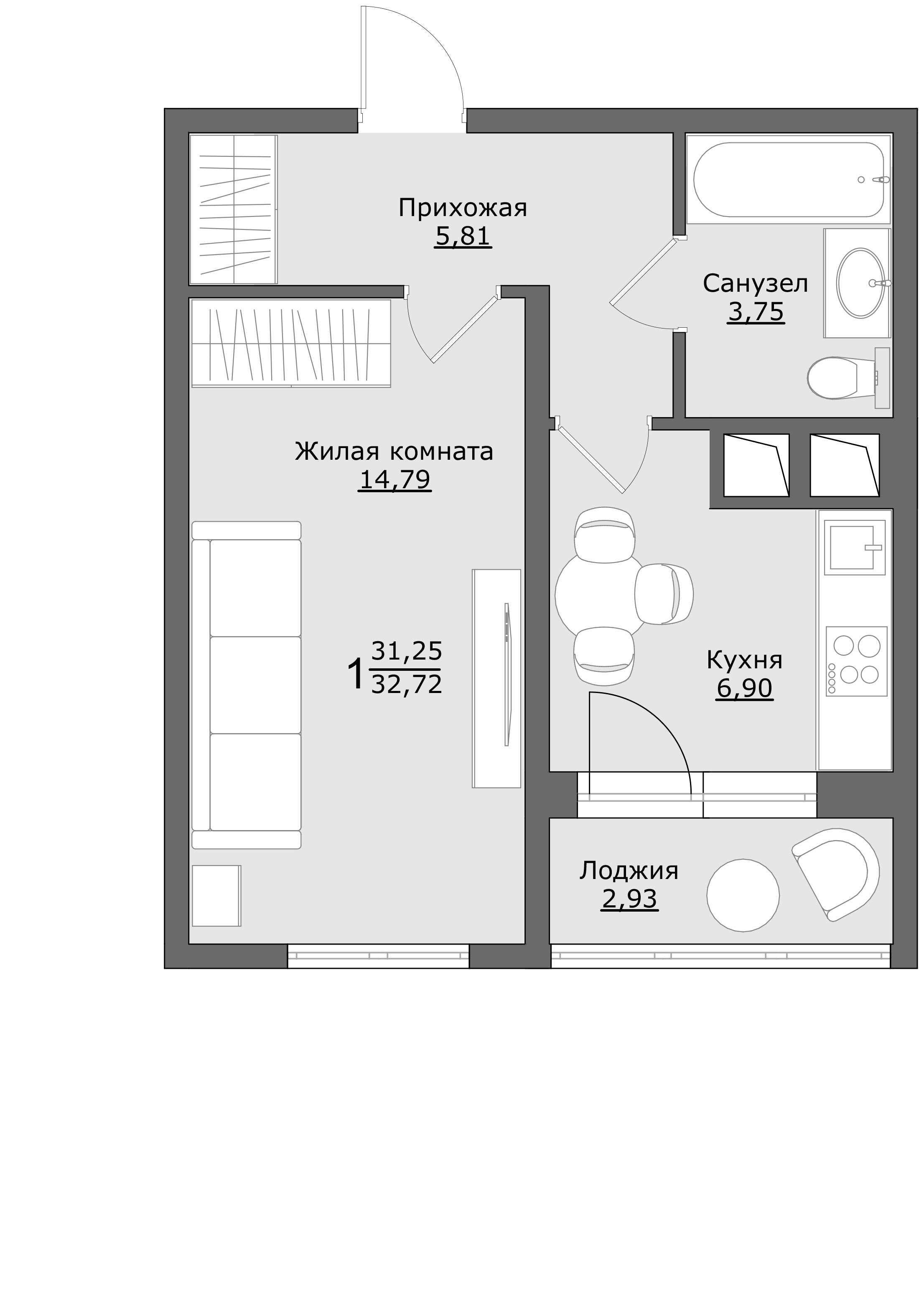 1-комнатная 32 м2 в ЖК Клевер корпус null этаж 7