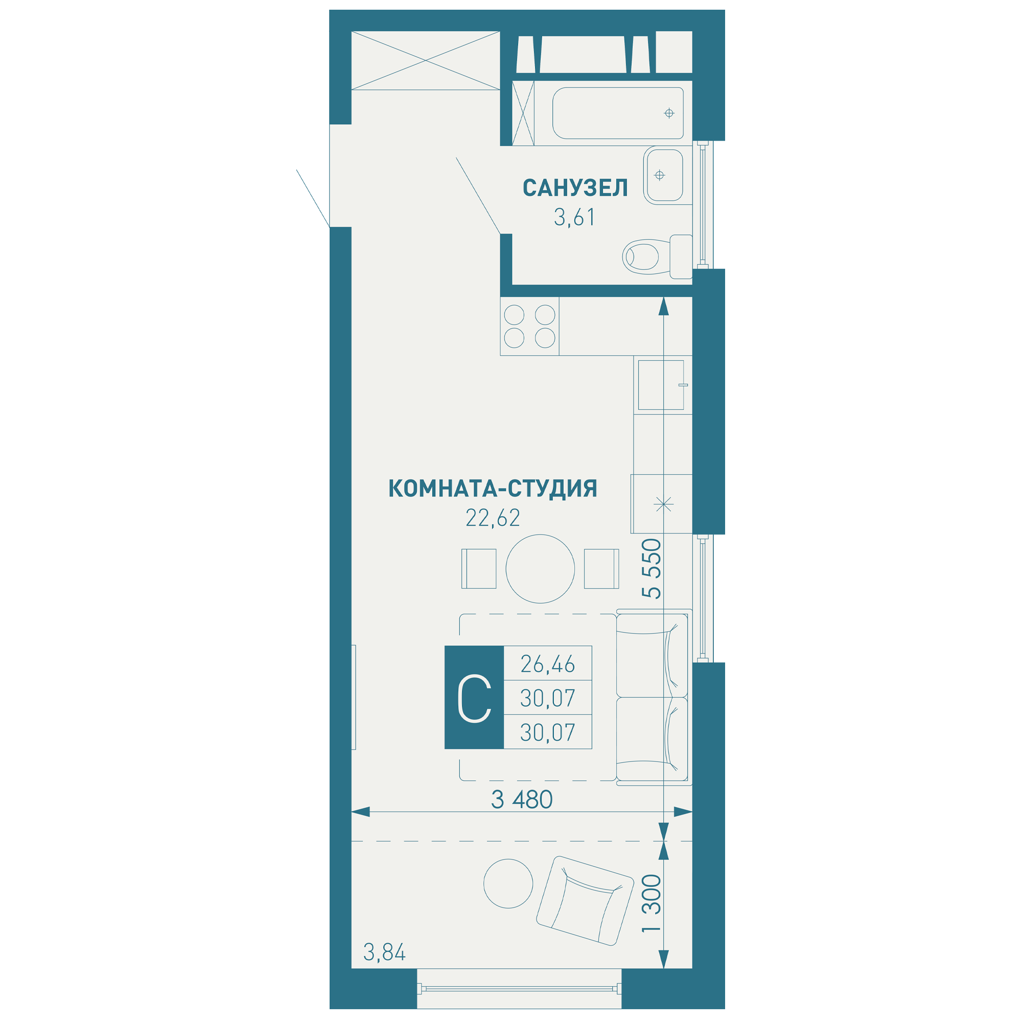 Студия 32 м2 в ЖК ИНАЧЕ в Молодежном корпус null этаж 11