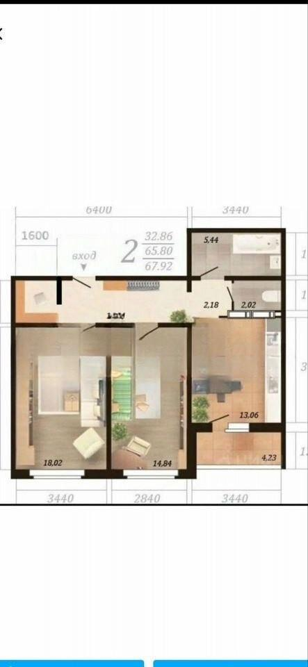 2-комнатная 68 м2 в ЖК undefined корпус null этаж 7