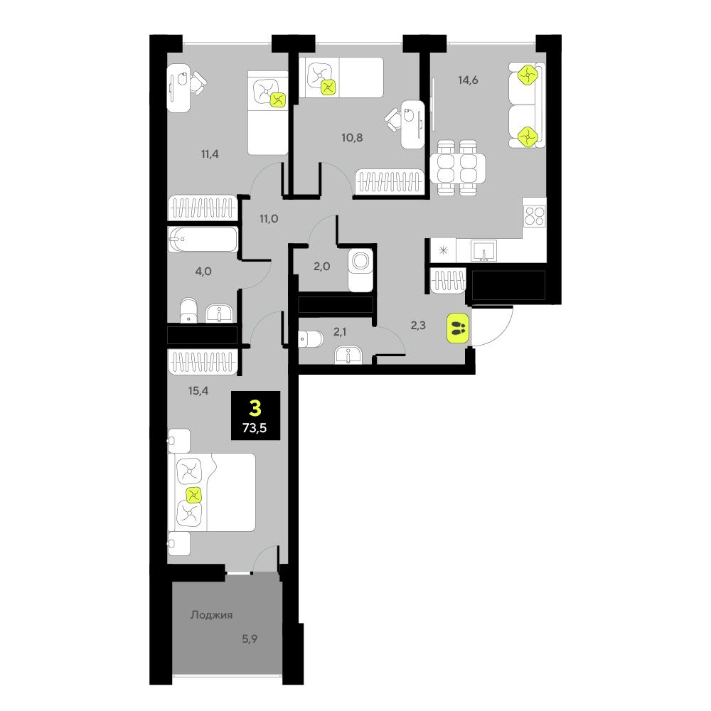 3-комнатная 73 м2 в ЖК Мотивы корпус null этаж 10