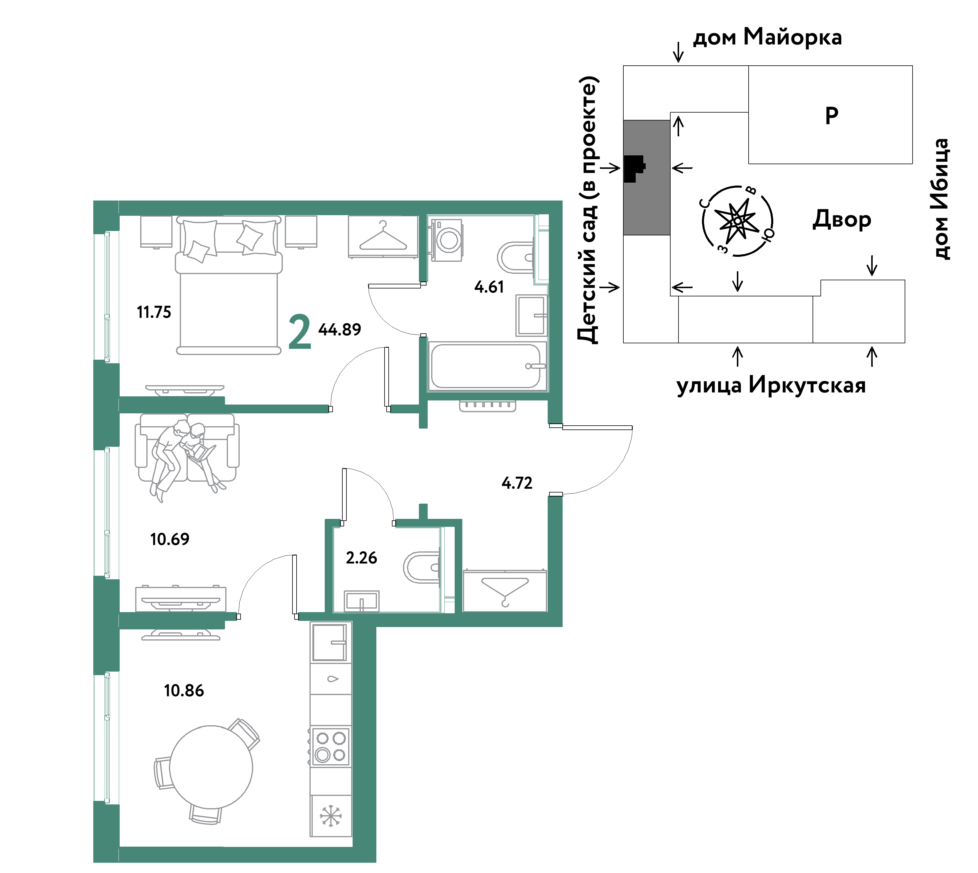 2-комнатная 44 м2 в ЖК Остров-сад корпус null этаж 12