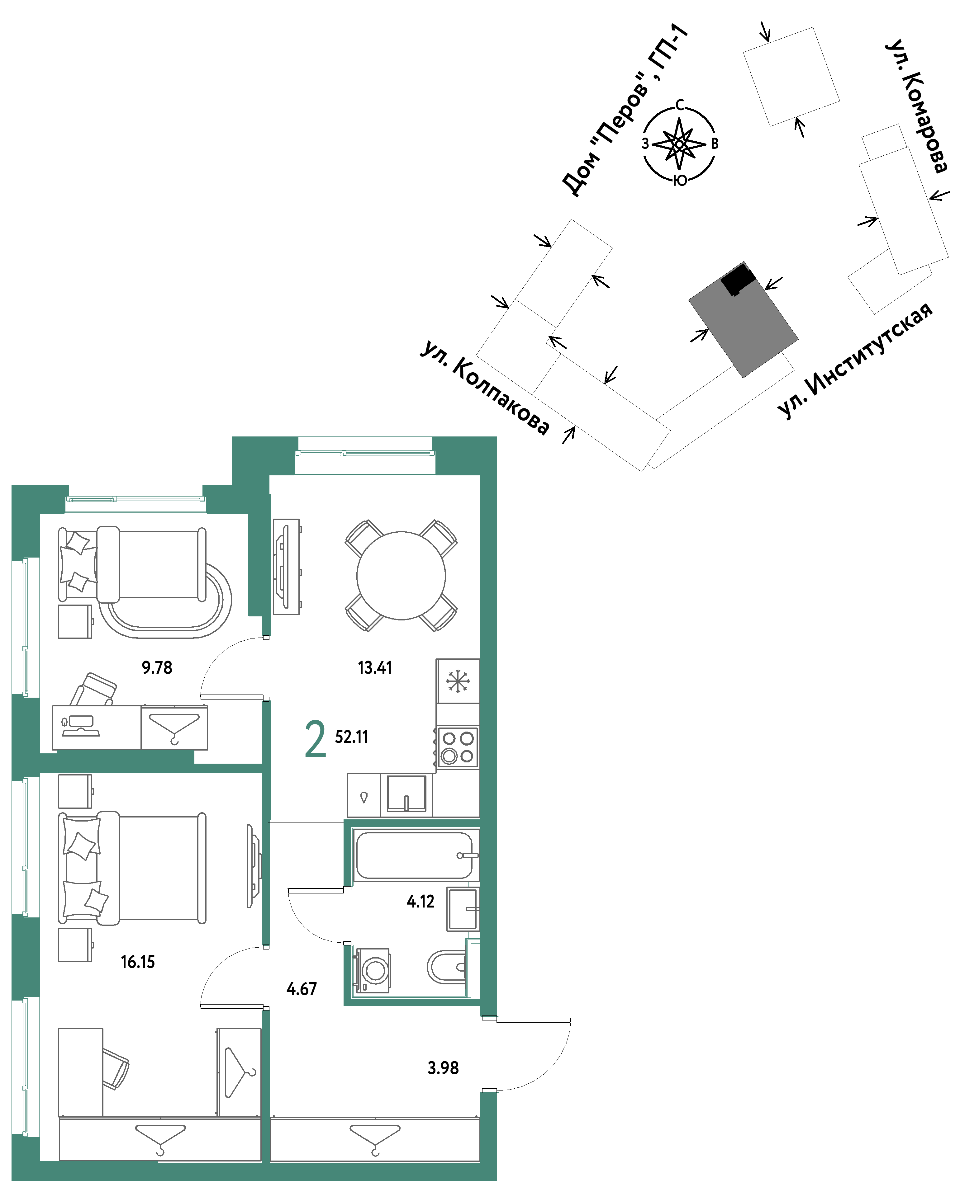 2-комнатная 52 м2 в ЖК Страна.Парковая корпус null этаж 4